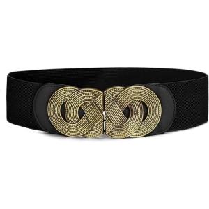 image:imageuxcell Retro Knot Woven Metal Interlocking Buckle Elastic Waist Cinch Belt BandRound Buckleblack Bandbronze Buckle