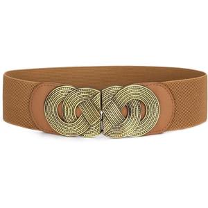 image:imageuxcell Retro Knot Woven Metal Interlocking Buckle Elastic Waist Cinch Belt BandRound Bucklebrown Bandbronze Buckle
