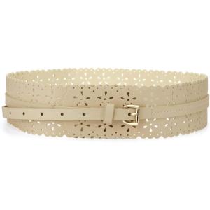 image:imageuxcell Vintage Hollow Floral Leather Cinch Waistband Wide Belts with Buckle for WomenBeige