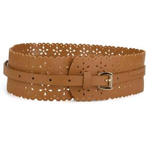 image:imageuxcell Vintage Hollow Floral Leather Cinch Waistband Wide Belts with Buckle for WomenBrown
