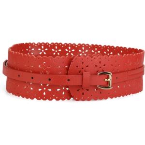 image:imageuxcell Vintage Hollow Floral Leather Cinch Waistband Wide Belts with Buckle for WomenRed