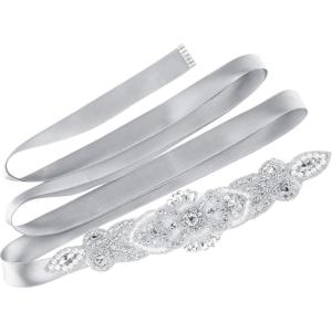 image:imageuxcell Women Rhinestone Bead Decor Satin Ribbon Wedding BeltGray