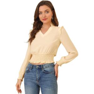 image:imageAllegra K Womens Ruffle VNeck Long Sleeve Chiffon Smocked Waist Blouse
