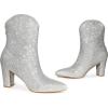 image:imageAllegra K Womens Glitter V Shape Pointy Toe Back Zipper Block Heels Mid Calf BootsSilver