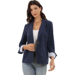 image:imageAllegra K Cotton Linen Blazers for Womens Business Casual One Button Work Jacket Office SuitNavy Blue