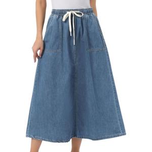 image:imageAllegra K Denim Maxi Skirt for Women Elastic Waist Casual A Line Long Jean SkirtsBlue