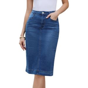 image:imageAllegra K Denim Skirt for Women High Waist Split Back Pockets Knee Length Pencil SkirtBlue