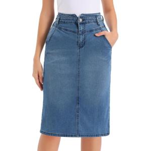 image:imageAllegra K Denim Skirt for Women High Waisted Casual Back Slit Stretchy Below Knee Length Jean SkirtBlue