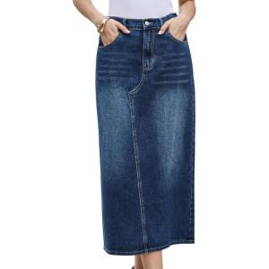 image:imageAllegra K Denim Skirt for Women Midi Length Elastic Waist Split Back Long Jean SkirtsDark Blue
