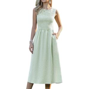 image:imageAllegra K Gingham Dress for Women Casual Sleeveless Flowy Vacation Summer Midi Smocked DressesLight Green