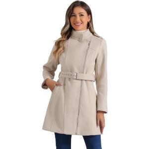 image:imageAllegra K High Neck Winter Coat for Womens Zip Up Belted MidLong OvercoatBeige