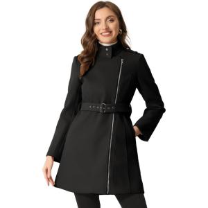 image:imageAllegra K High Neck Winter Coat for Womens Zip Up Belted MidLong OvercoatBlack