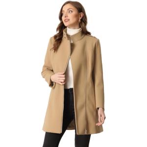 image:imageAllegra K High Neck Winter Coat for Womens Zip Up Belted MidLong OvercoatKhaki