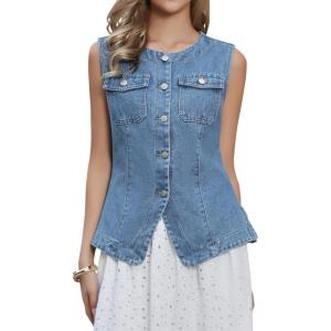 image:imageAllegra K Jean Vests for Women Collarless Button Down Sleeveless Denim Vest TopBlue