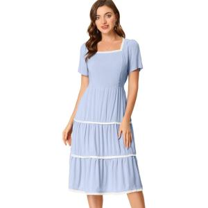 image:imageAllegra K Midi Dress for Womens Short Sleeve Tiered Square Neck Long DressesBlue