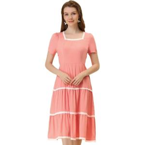 image:imageAllegra K Midi Dress for Womens Short Sleeve Tiered Square Neck Long DressesPink
