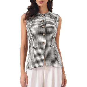 image:imageAllegra K Plaid Vest Top for Womens Gingham Button Down Sleeveless Office Crew Neck Dressy WaistcoatBlack
