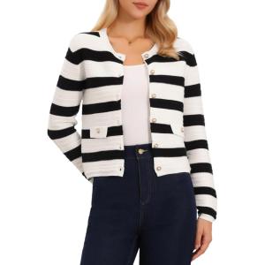 image:imageAllegra K Striped Cardigan for Womens Color Block Long Sleeve Button Down Crewneck Knit Sweater TopsBlack White