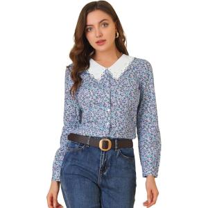 image:imageAllegra K Womens Casual Floral Lace Trim Collared Button Down Long Sleeve Blouse