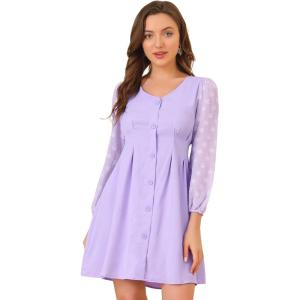 image:imageAllegra K Womens Casual V Neck Long Sleeve Swiss Dots Chiffon Mini Dress