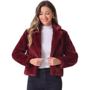 image:imageAllegra K Womens Cropped Faux Fur Jacket Lapel Cardigan Shrug 2024 Winter Fluffy Faux Fur CoatBurgundy