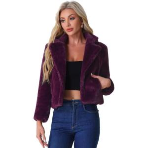 image:imageAllegra K Womens Cropped Faux Fur Jacket Lapel Cardigan Shrug 2024 Winter Fluffy Faux Fur CoatDeep Purple