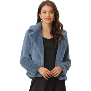 image:imageAllegra K Womens Cropped Faux Fur Jacket Lapel Cardigan Shrug 2024 Winter Fluffy Faux Fur CoatGrey Blue