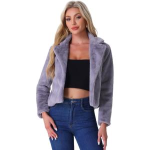 image:imageAllegra K Womens Cropped Faux Fur Jacket Lapel Cardigan Shrug 2024 Winter Fluffy Faux Fur CoatGrey Purple
