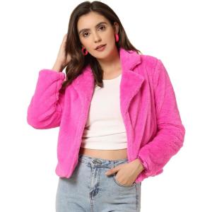 image:imageAllegra K Womens Cropped Faux Fur Jacket Lapel Cardigan Shrug 2024 Winter Fluffy Faux Fur CoatHot Pink
