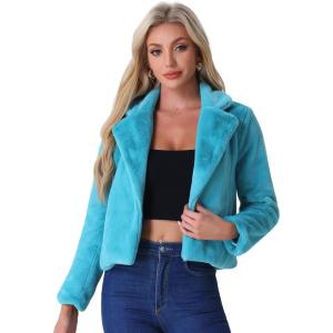 image:imageAllegra K Womens Cropped Faux Fur Jacket Lapel Cardigan Shrug 2024 Winter Fluffy Faux Fur CoatPeacock Blue
