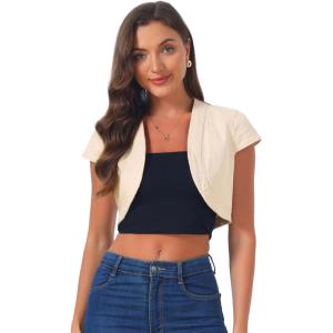 image:imageAllegra K Womens Denim Jacket Cap Sleeve Cropped Open Front Shrugs Casual Summer Jean JacketsApricot