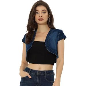 image:imageAllegra K Womens Denim Jacket Cap Sleeve Cropped Open Front Shrugs Casual Summer Jean JacketsDark Blue