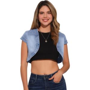 image:imageAllegra K Womens Denim Jacket Cap Sleeve Cropped Open Front Shrugs Casual Summer Jean JacketsGrey Blue