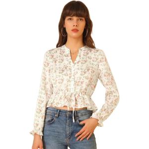 image:imageAllegra K Womens Floral Button Front V Neck Long Sleeve Peplum Hem Crop Top