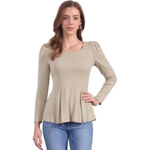 image:imageAllegra K Womens Long Sleeves Scoop Neck Casual Peplum Shirt TopsKhaki