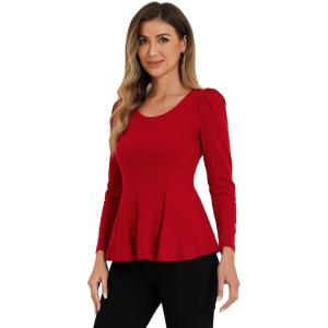 image:imageAllegra K Womens Long Sleeves Scoop Neck Casual Peplum Shirt TopsRed
