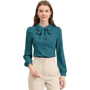 image:imageAllegra K Womens Peter Pan Collar Shirt 1950s Vintage Bow Tie Neck Dressy Casual Button Down BlousePeacock Blue