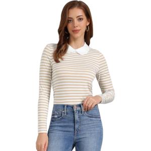 image:imageAllegra K Womens Striped Cute Shirts Peter Pan Collar Casual Trendy Fitted Long Sleeve TopApricot