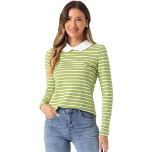 image:imageAllegra K Womens Striped Cute Shirts Peter Pan Collar Casual Trendy Fitted Long Sleeve TopLight Green