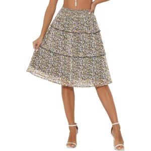 image:imageAllegra K Womens Summer Floral Chiffon Skirts Smocked Elastic Waist ALine Below Knee Length Ruffle Tiered SkirtBlack