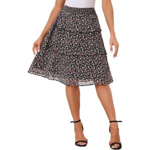 image:imageAllegra K Womens Summer Floral Chiffon Skirts Smocked Elastic Waist ALine Below Knee Length Ruffle Tiered SkirtBlack1
