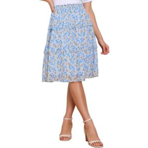image:imageAllegra K Womens Summer Floral Chiffon Skirts Smocked Elastic Waist ALine Below Knee Length Ruffle Tiered SkirtBlue White