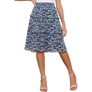 image:imageAllegra K Womens Summer Floral Chiffon Skirts Smocked Elastic Waist ALine Below Knee Length Ruffle Tiered SkirtNavy