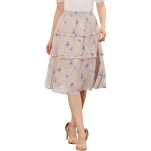 image:imageAllegra K Womens Summer Floral Chiffon Skirts Smocked Elastic Waist ALine Below Knee Length Ruffle Tiered SkirtPink Blue