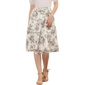 image:imageAllegra K Womens Summer Floral Chiffon Skirts Smocked Elastic Waist ALine Below Knee Length Ruffle Tiered SkirtWhite Purple