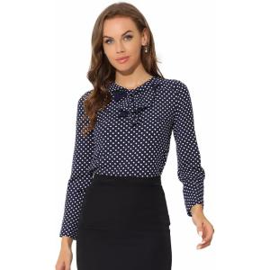image:imageAllegra K Womens Vintage Ruffle Neck Chiffon Top Long Sleeve Casual Work BlouseDark Bluepolka Dots