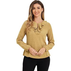 image:imageAllegra K Womens Vintage Ruffle Neck Chiffon Top Long Sleeve Casual Work BlouseKhakipolka Dots