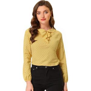 image:imageAllegra K Womens Vintage Ruffle Neck Chiffon Top Long Sleeve Casual Work BlouseLight Yellowpolka Dots