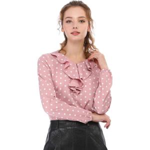 image:imageAllegra K Womens Vintage Ruffle Neck Chiffon Top Long Sleeve Casual Work BlousePinkpolka Dots