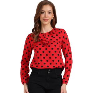 image:imageAllegra K Womens Vintage Ruffle Neck Chiffon Top Long Sleeve Casual Work BlouseRed Blackpolka Dots